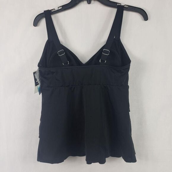 Swim Solutions Tankini Top Womens 10 Black Triple Pleat Ruffle Adjustable Straps - Picture 7 of 12
